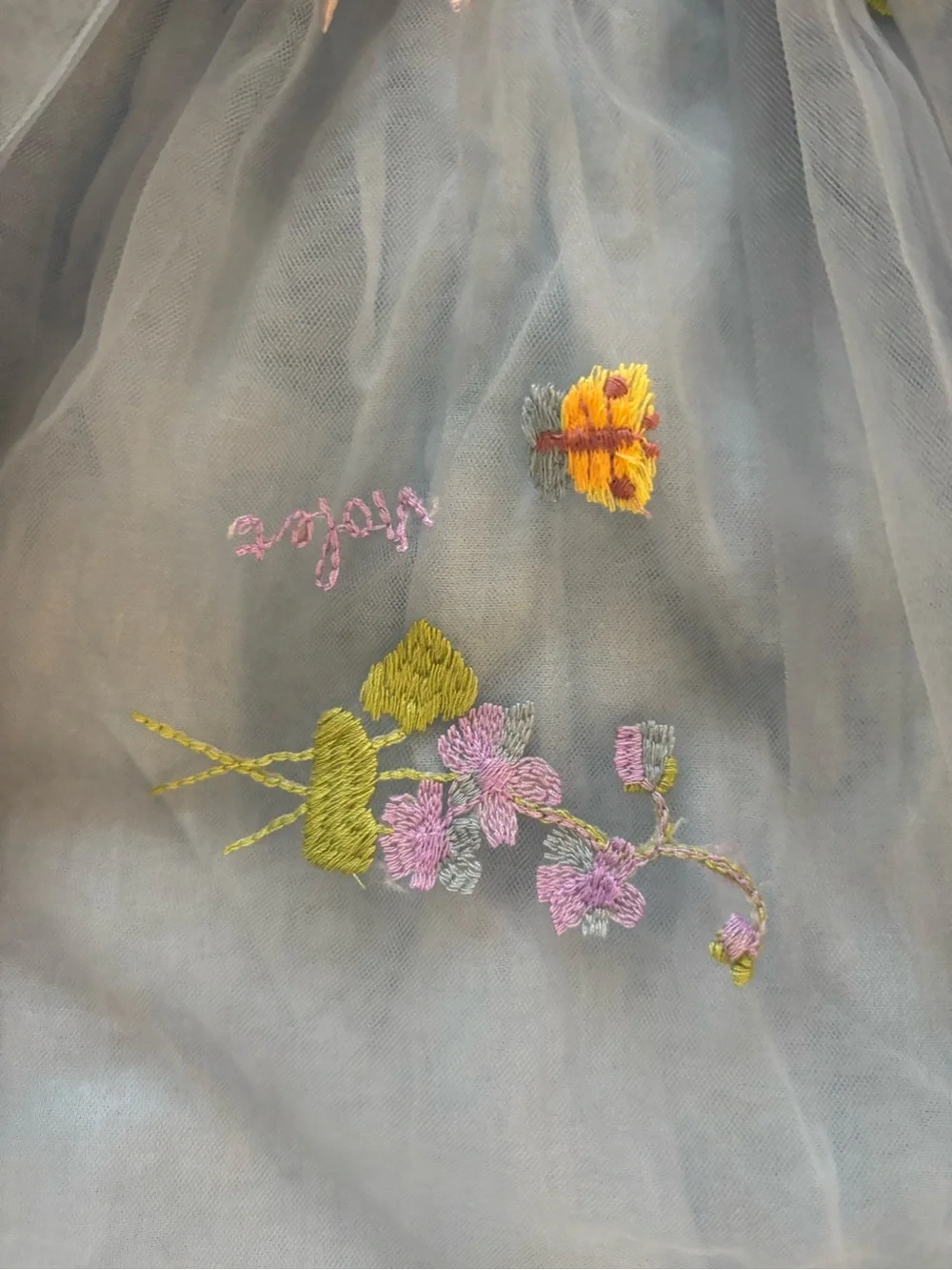 Girls Blue Floral Embroidered Tulle Dress